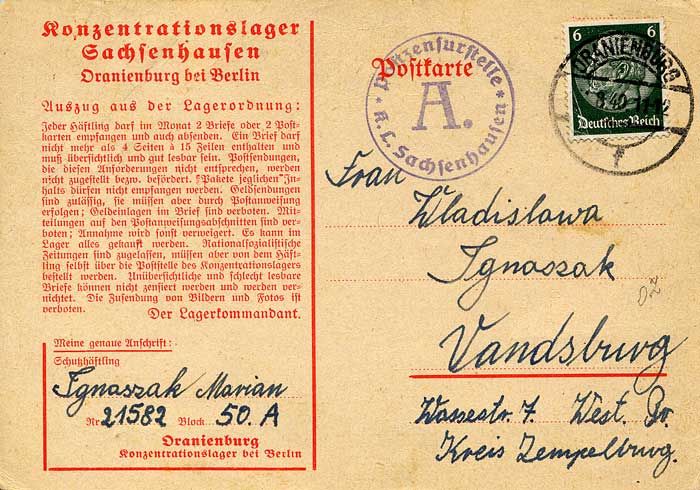 Postcard from an inmate at Sachsenhausen